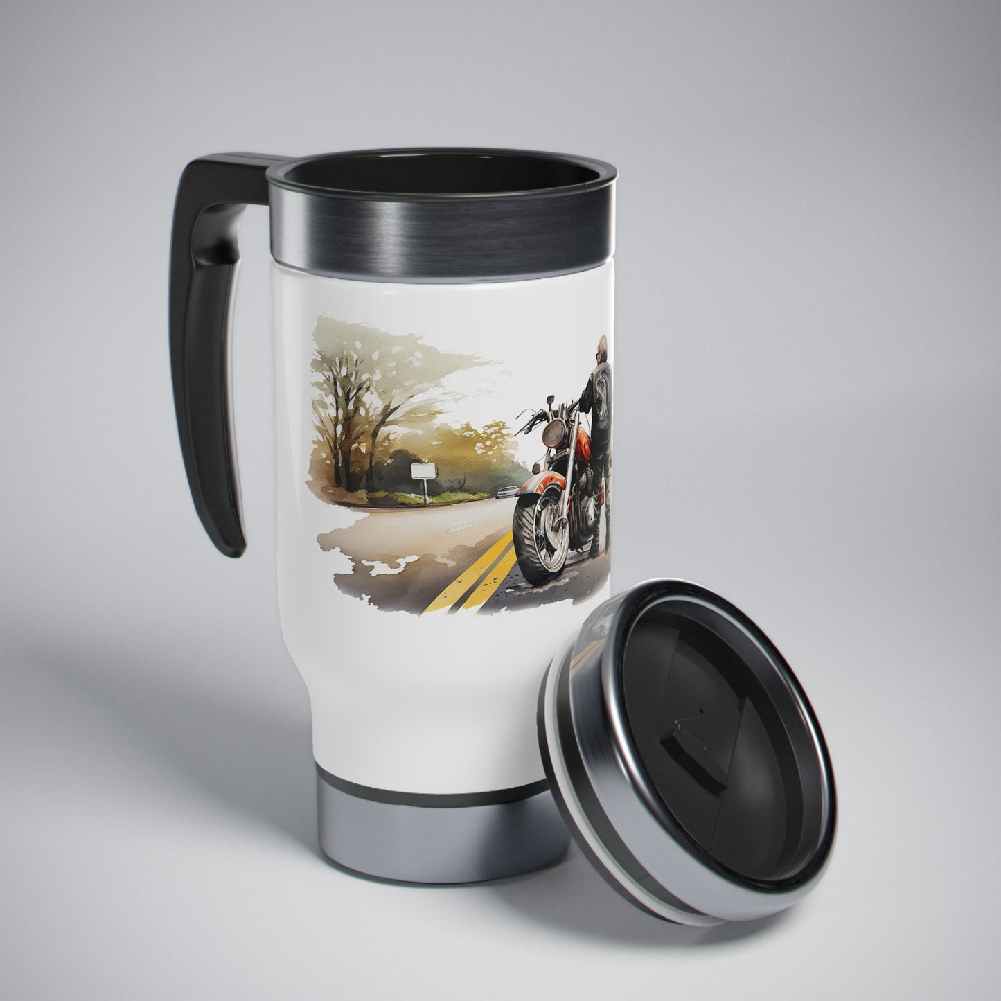 Thermos mug man and motorcycle