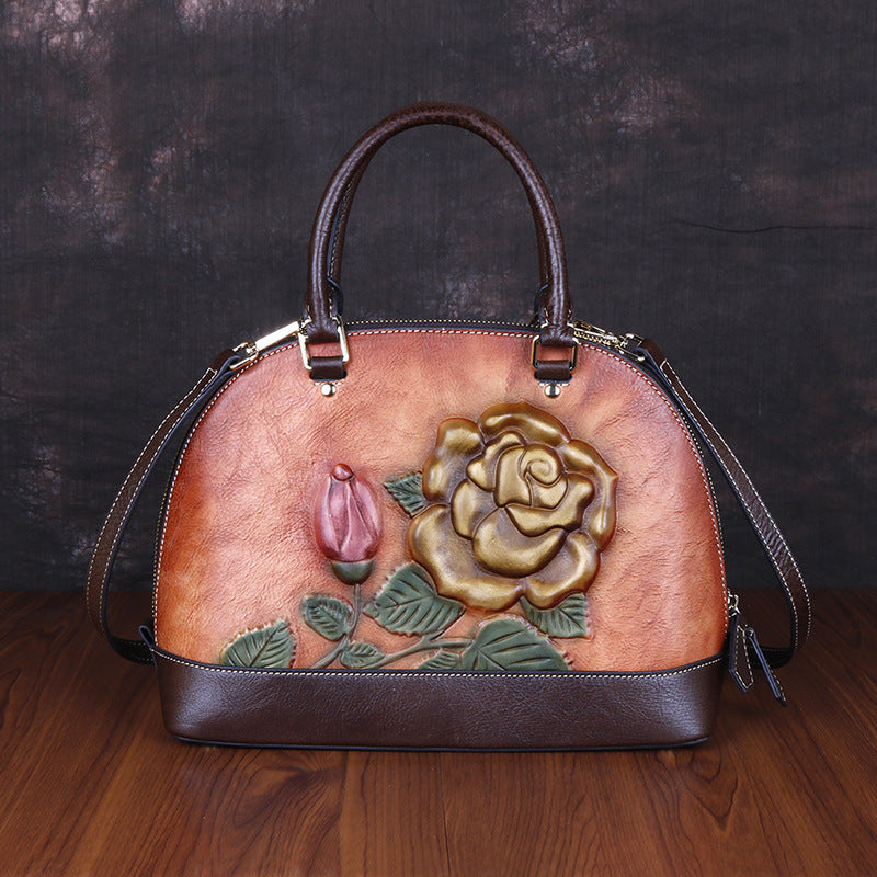 The First Layer Cowhide Bag Rose Embossed Leather Handbag Portable Shell Bag