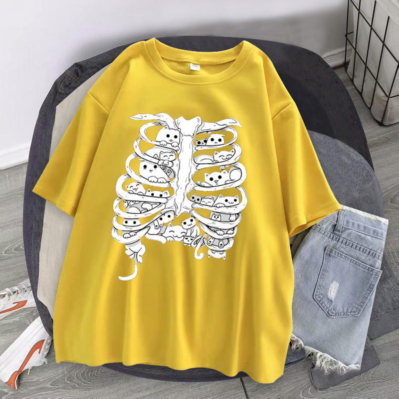 Skeleton Cat Gothic Print Round Neck Loose Men's And Women's T-shirt Short Sleeve