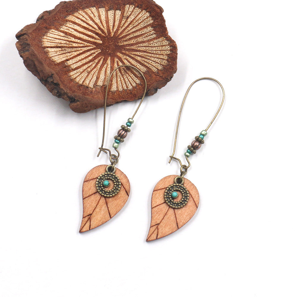 Wood leaves, leaves, ear hook earrings