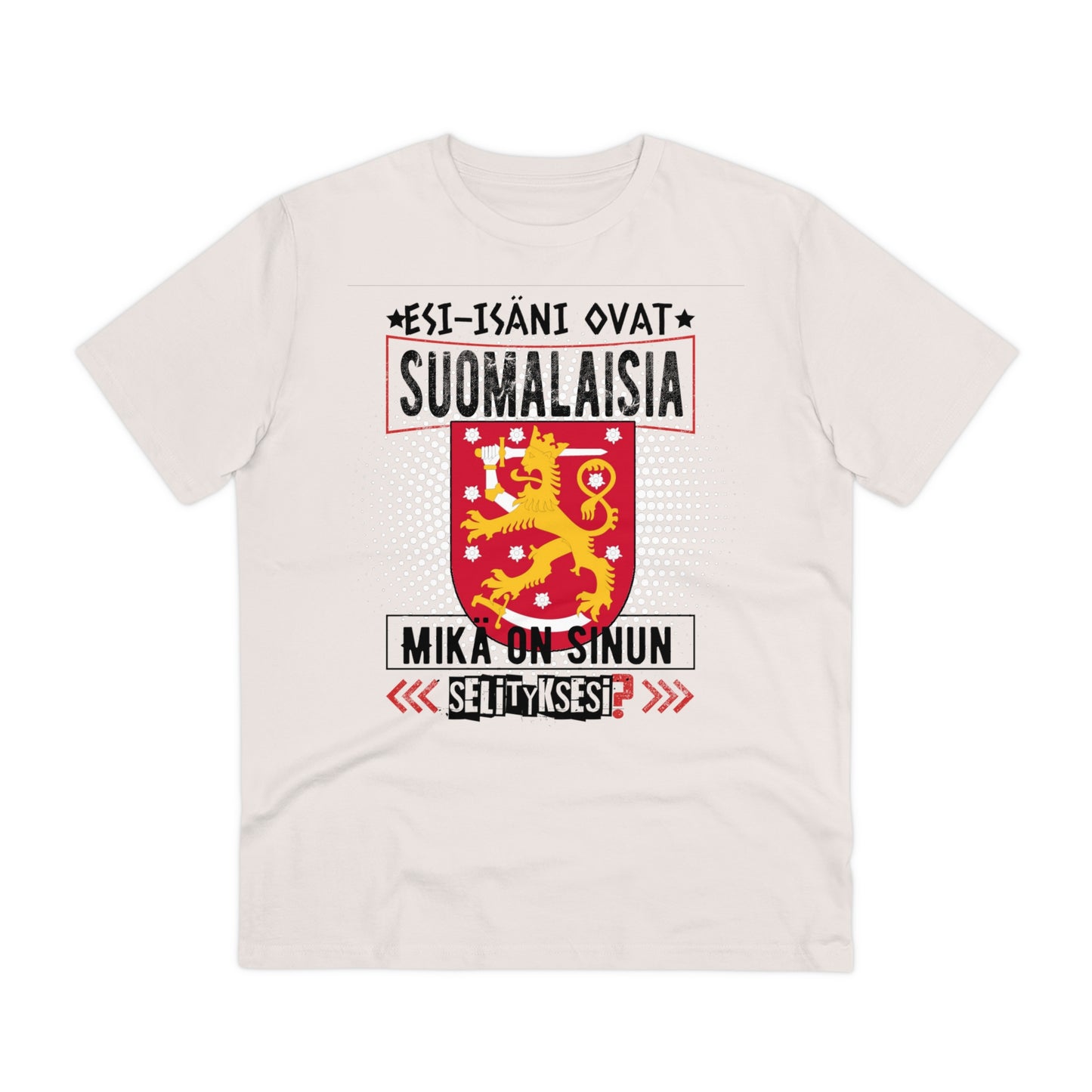 Unisex organic cotton t-shirt - my ancestors are Finnish, what's your explanation, Finnish coat of arms