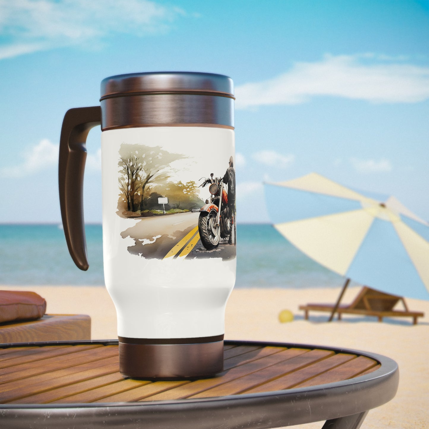 Thermos mug man and motorcycle