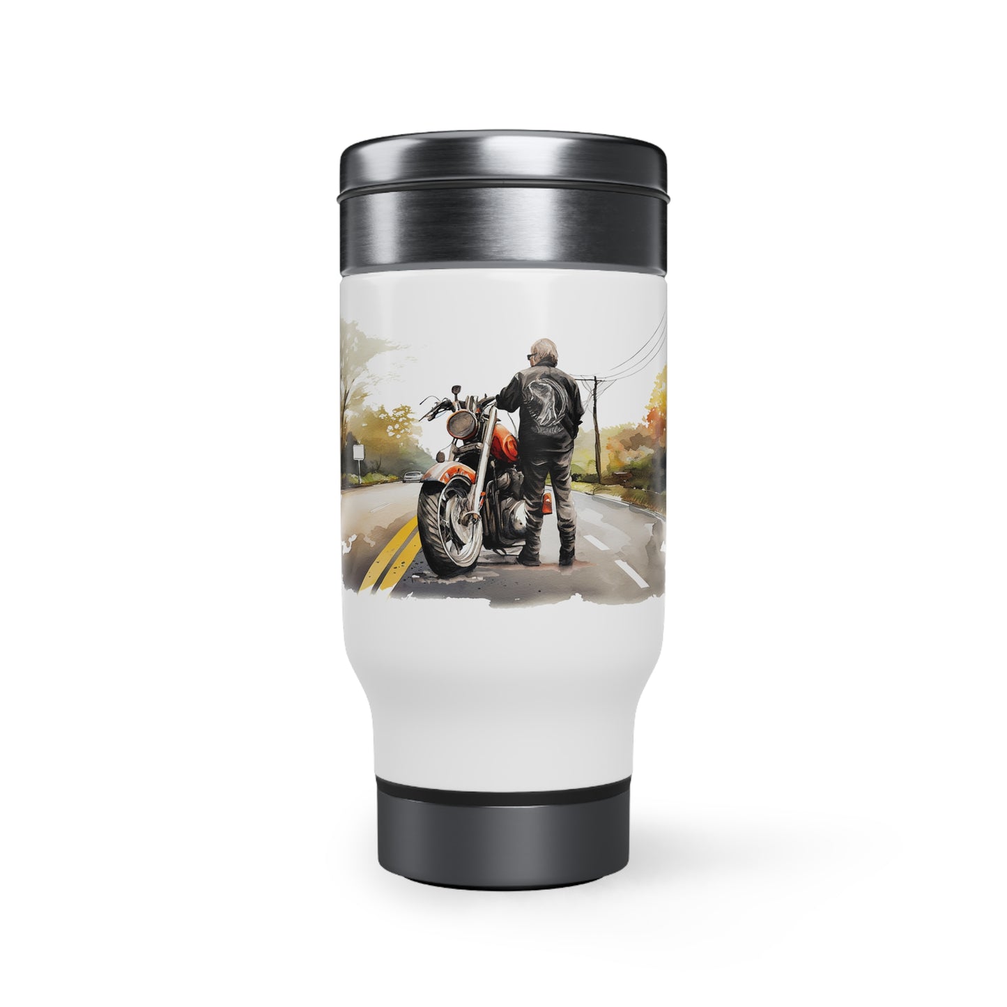 Thermos mug man and motorcycle