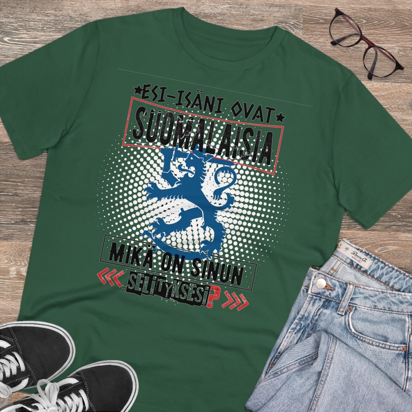 T-shirt unisex eco cotton - my ancestors are Finnish, what is your explanation, Suomileijona