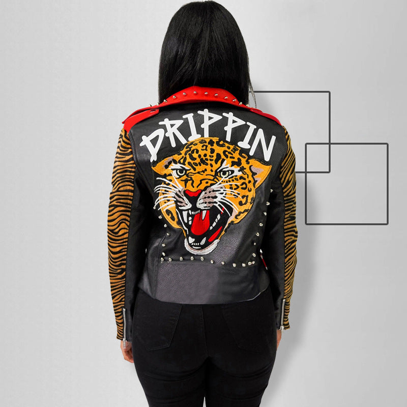 Studded Leather Tiger Head Print Fashion Women's Jacket