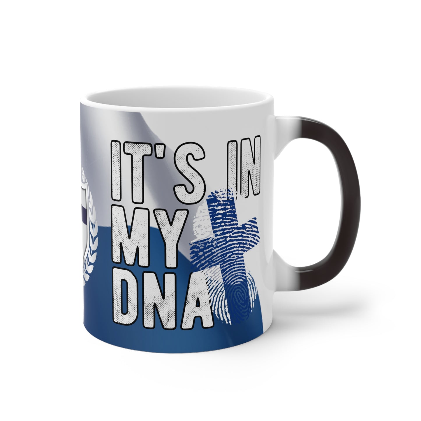 Magic mug with Finnish coat of arms and dna Finland