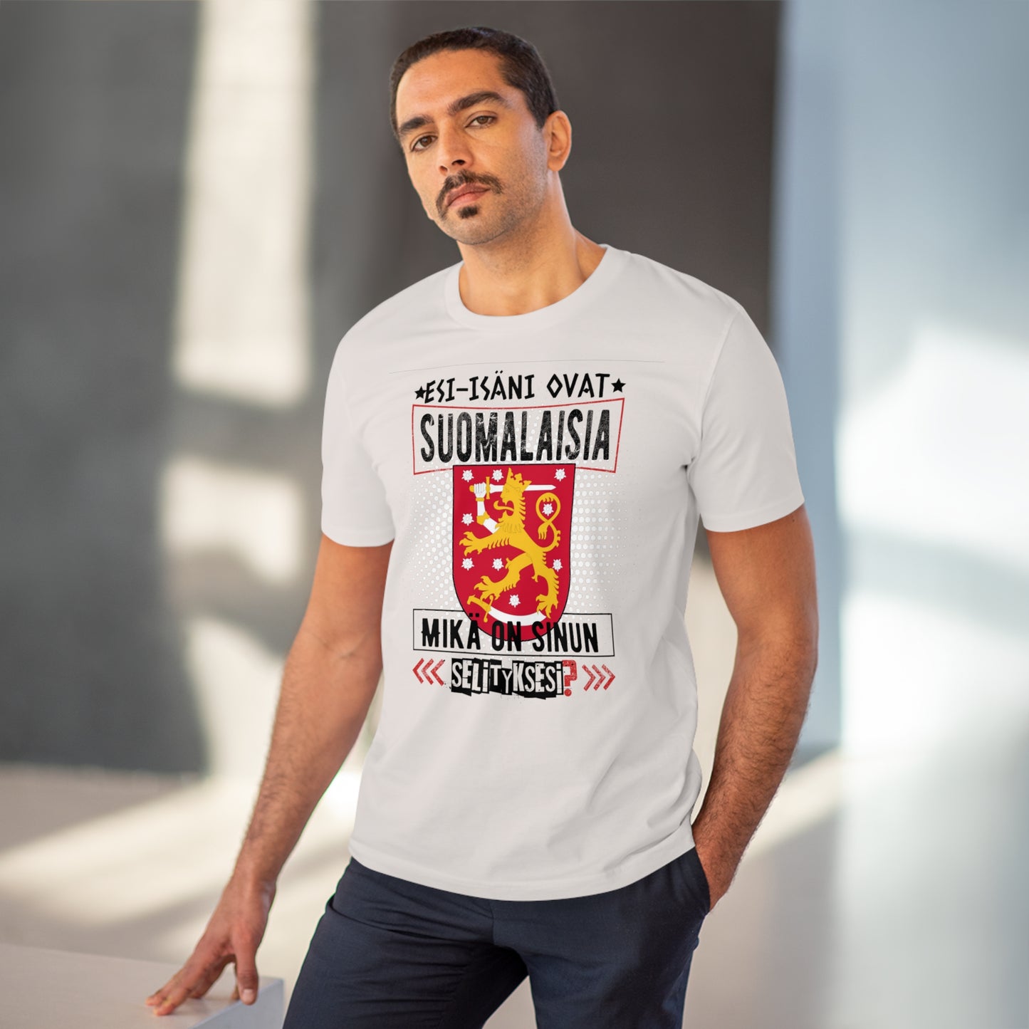 Unisex organic cotton t-shirt - my ancestors are Finnish, what's your explanation, Finnish coat of arms