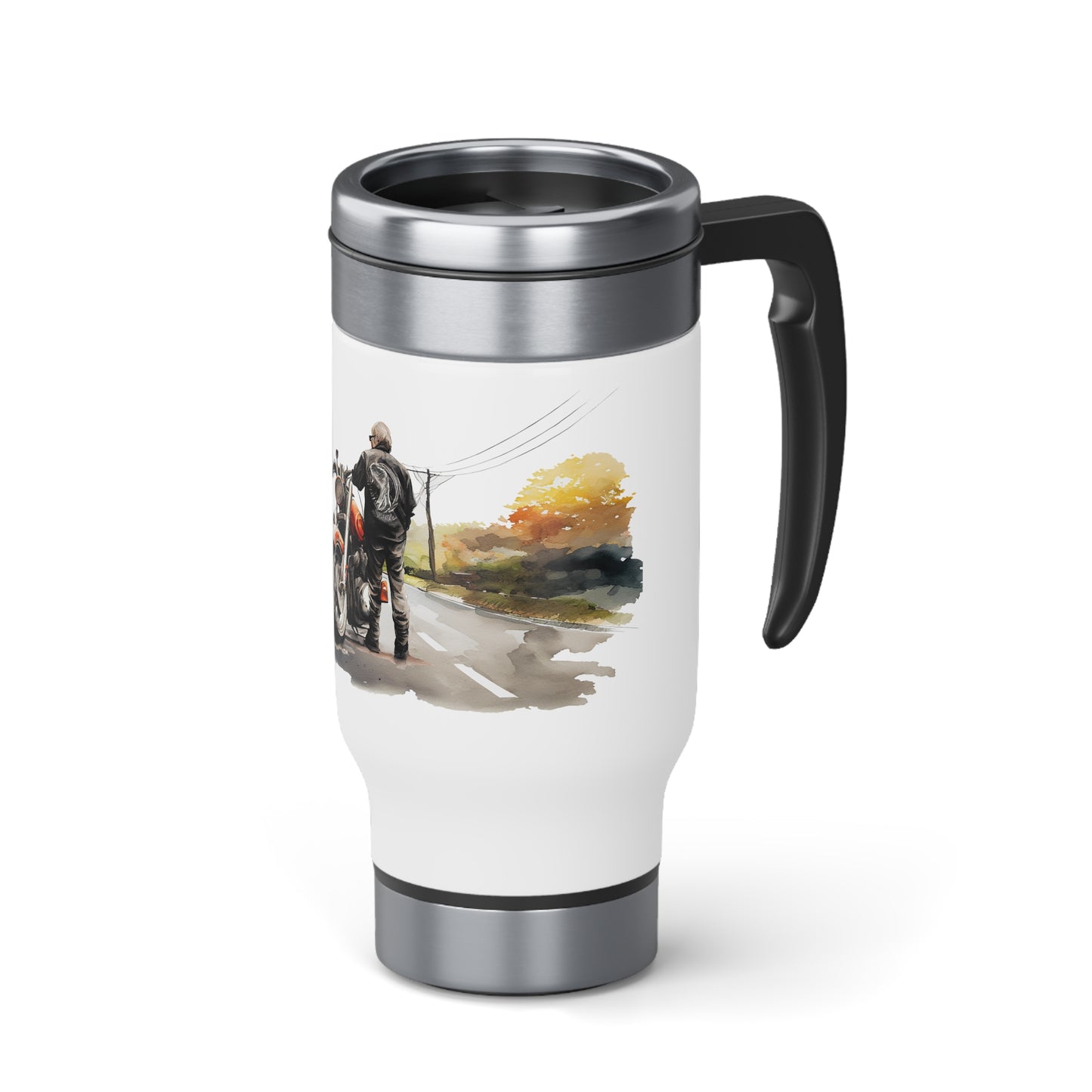 Thermos mug man and motorcycle