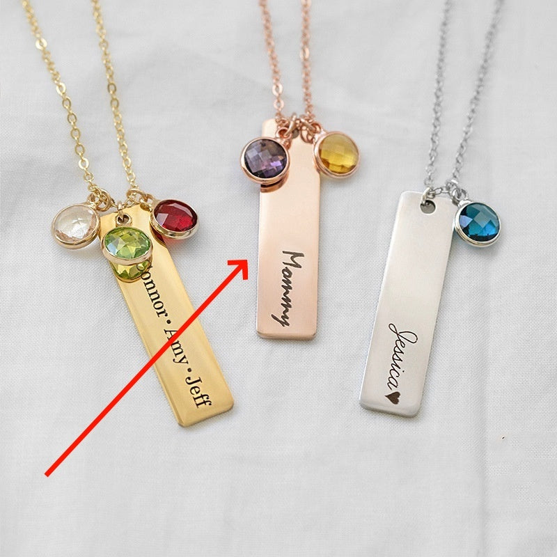 Twelve Color Birthstone Long Engraved Necklace