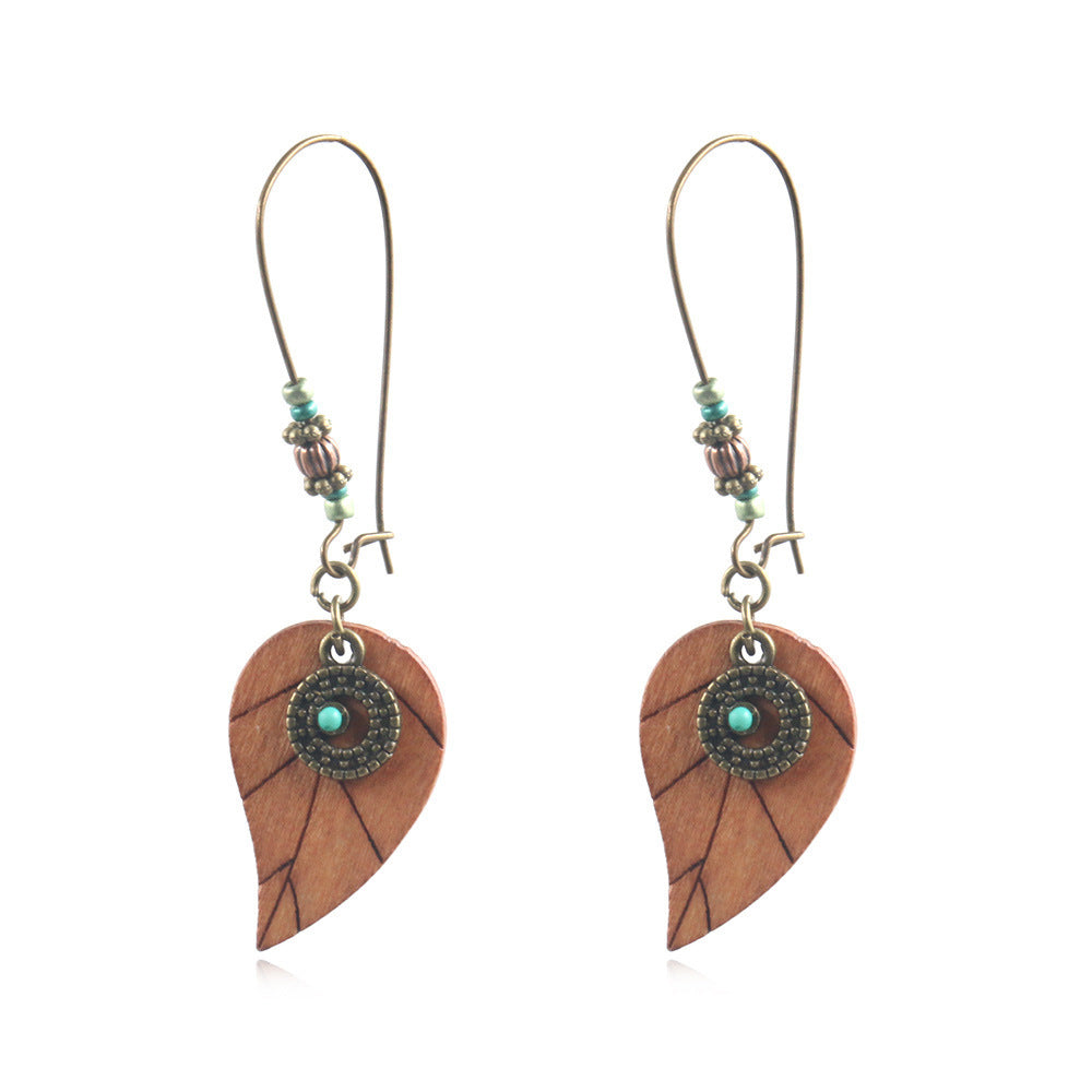 Wood leaves, leaves, ear hook earrings