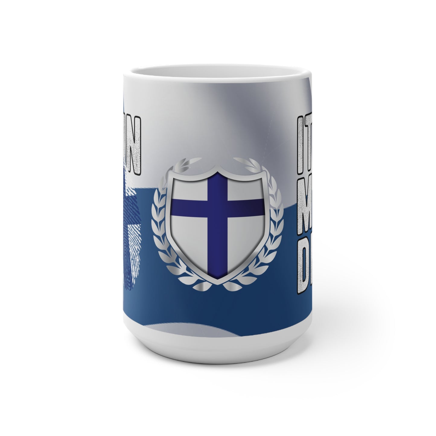 Magic mug with Finnish coat of arms and dna Finland