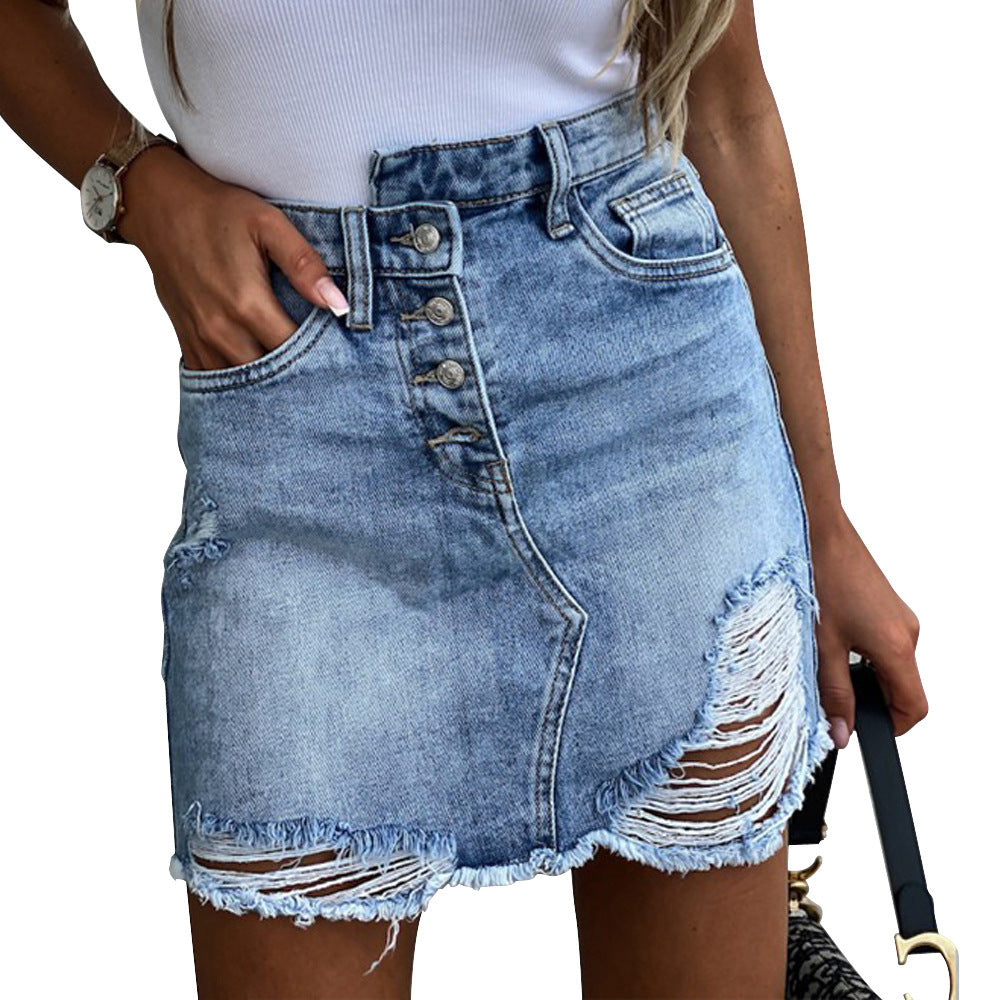 Retro irregular ripped denim skirt