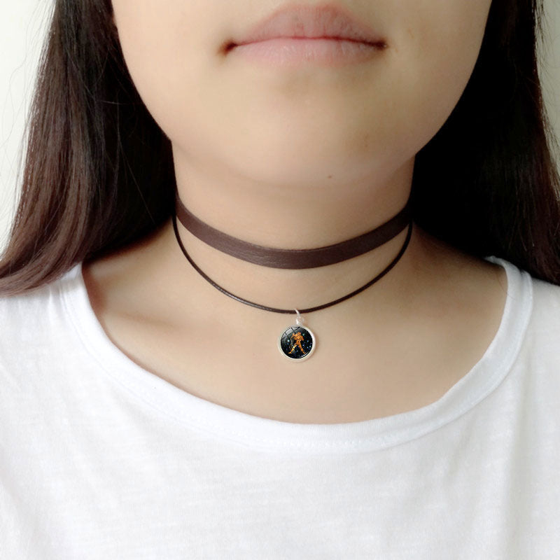 Twelve Constellation Gem Leather Necklace