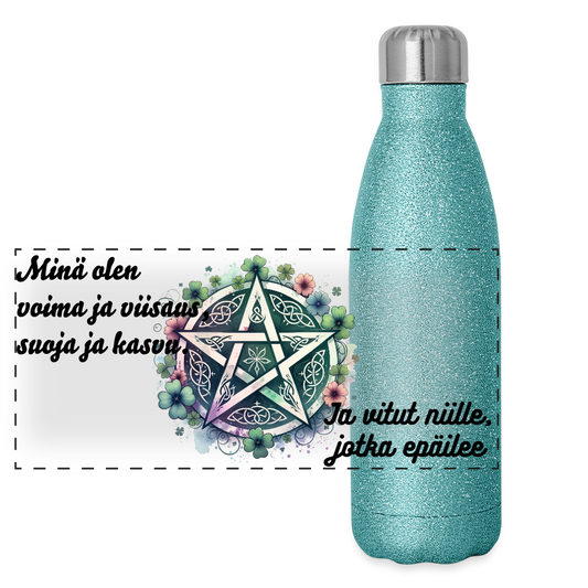 Glitter-termospullo ruostumattomasta teräksestä - Pentagrammi + kukat - sininen kimalle