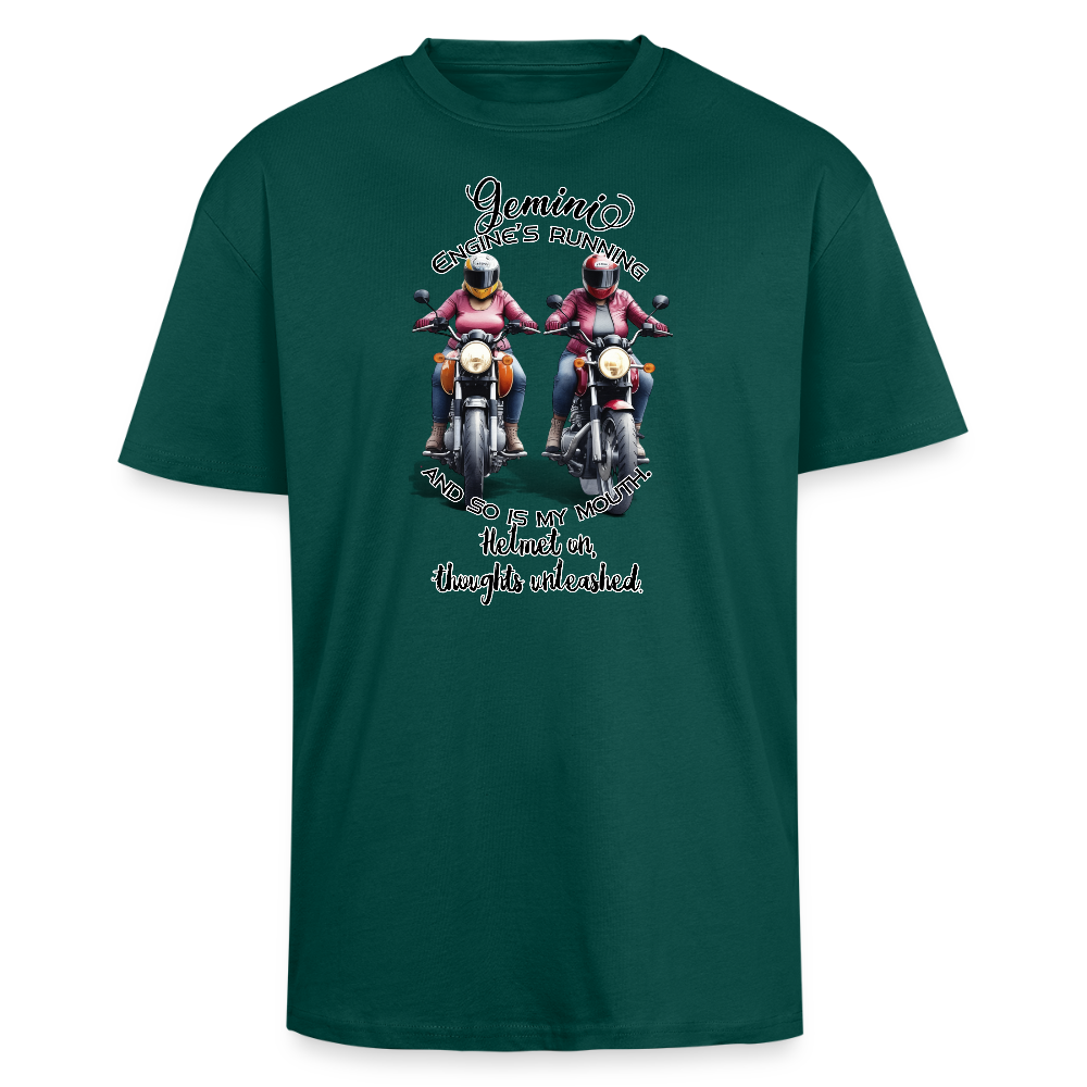Kaksoset pyörän päällä – horoskooppiprintti unisex - Paksu Oversized T-paita - hunter green