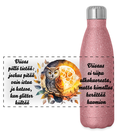 Glitter-termospullo ruostumattomasta teräksestä - pöllö ja kuutamo - pinkki kimalle