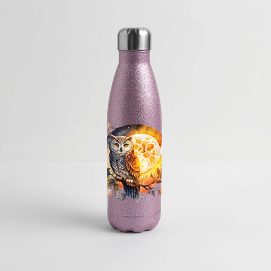 Glitter-termospullo ruostumattomasta teräksestä - pöllö ja kuutamo - pinkki kimalle