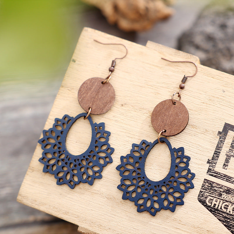 Retro Patchwork Wooden Round Hollow Leather Earrings