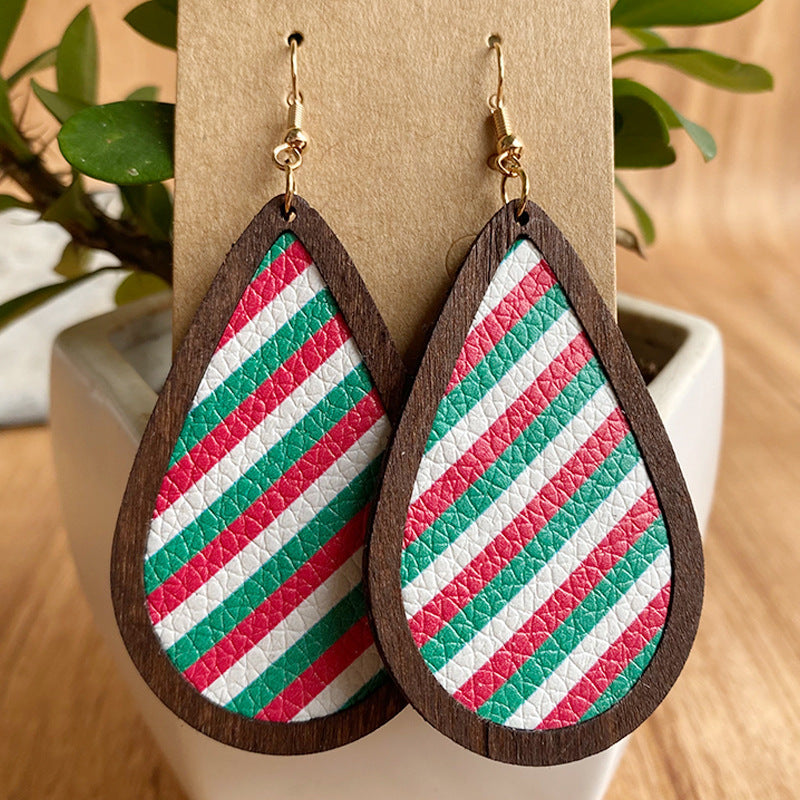 Christmas PU Leather Litchi Pattern Wooden Frame Earrings