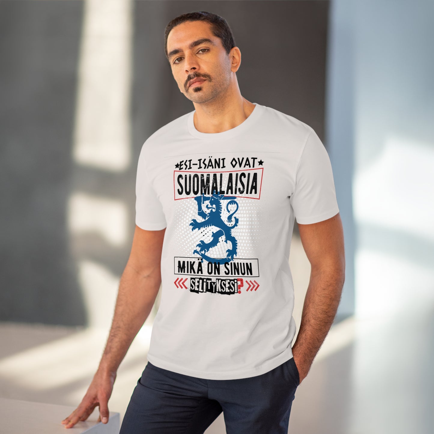 T-shirt unisex eco cotton - my ancestors are Finnish, what is your explanation, Suomileijona