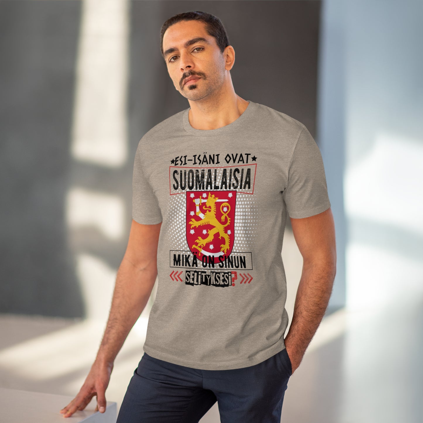 Unisex organic cotton t-shirt - my ancestors are Finnish, what's your explanation, Finnish coat of arms