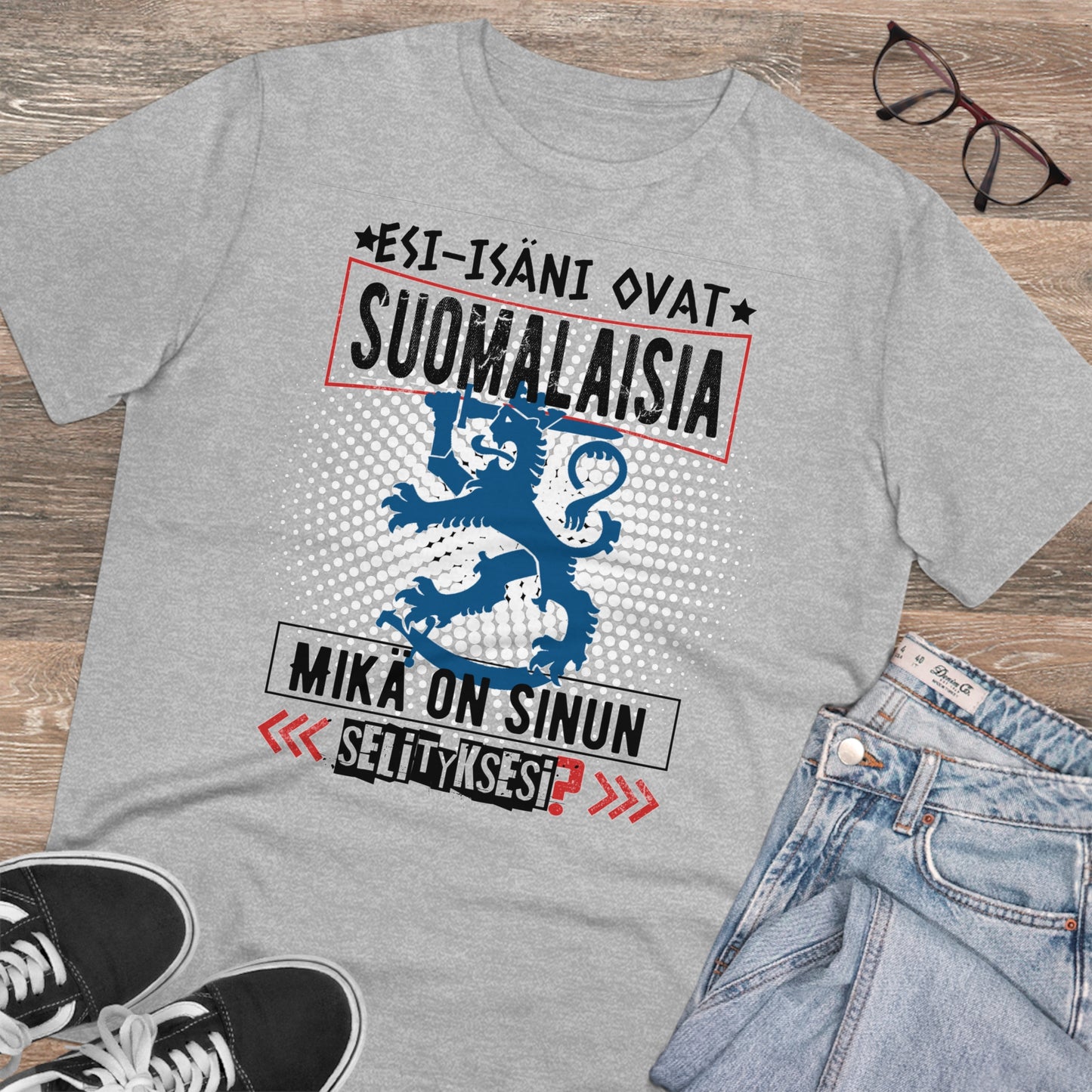 T-shirt unisex eco cotton - my ancestors are Finnish, what is your explanation, Suomileijona