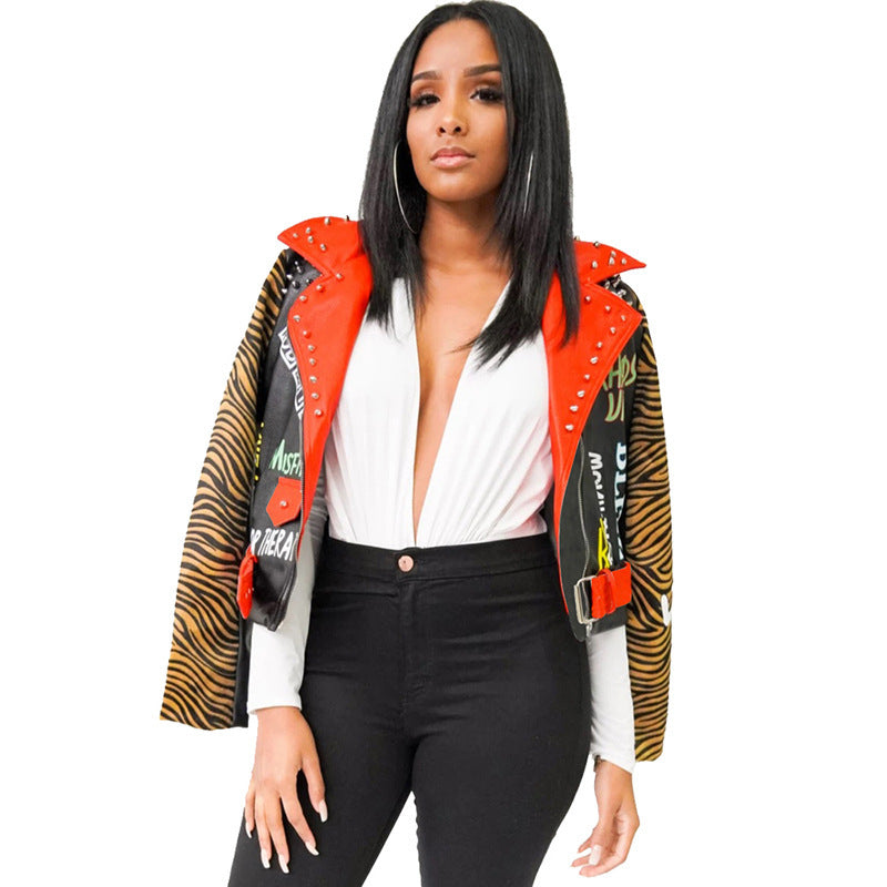 Studded Leather Tiger Head Print Fashion Women's Jacket