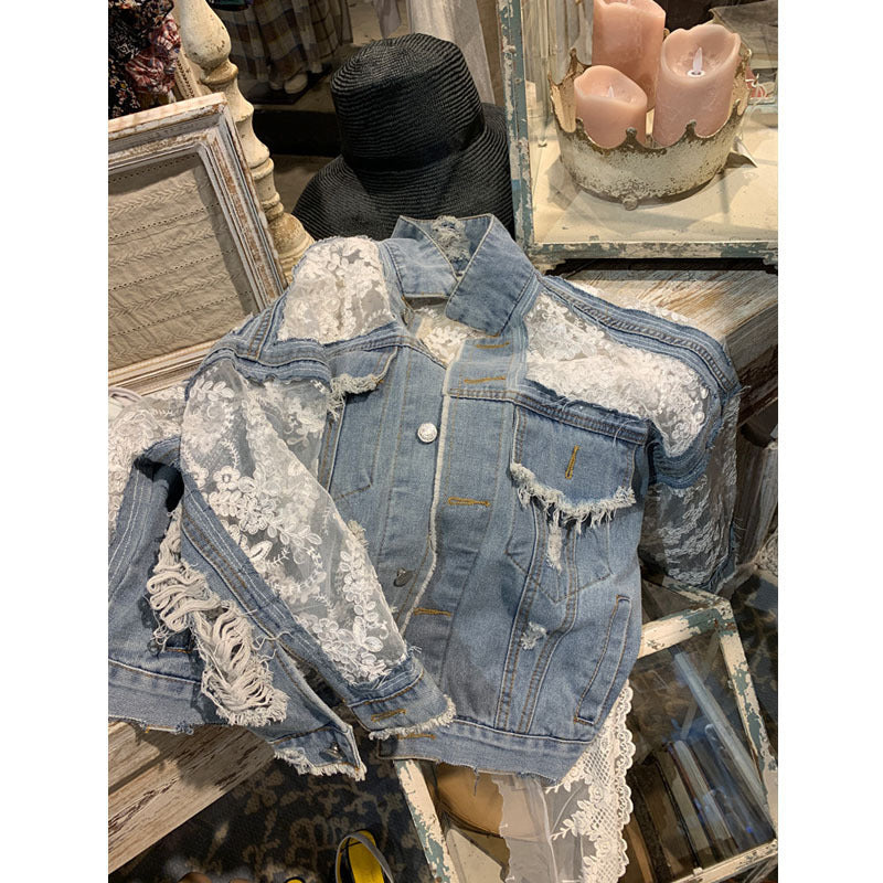 Mesh embroidery ripped denim jacket