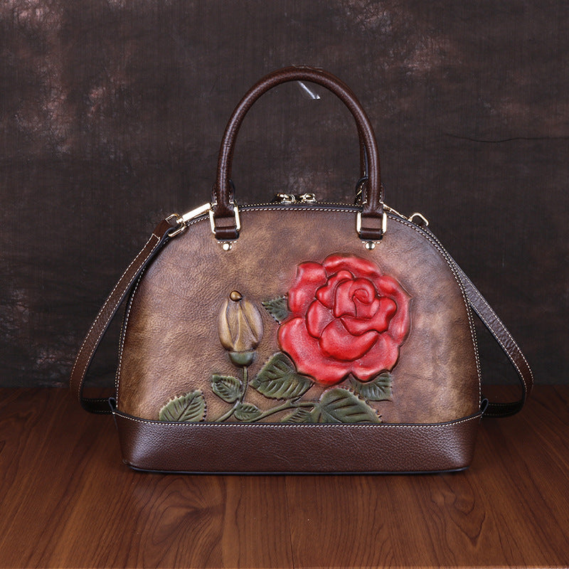 The First Layer Cowhide Bag Rose Embossed Leather Handbag Portable Shell Bag