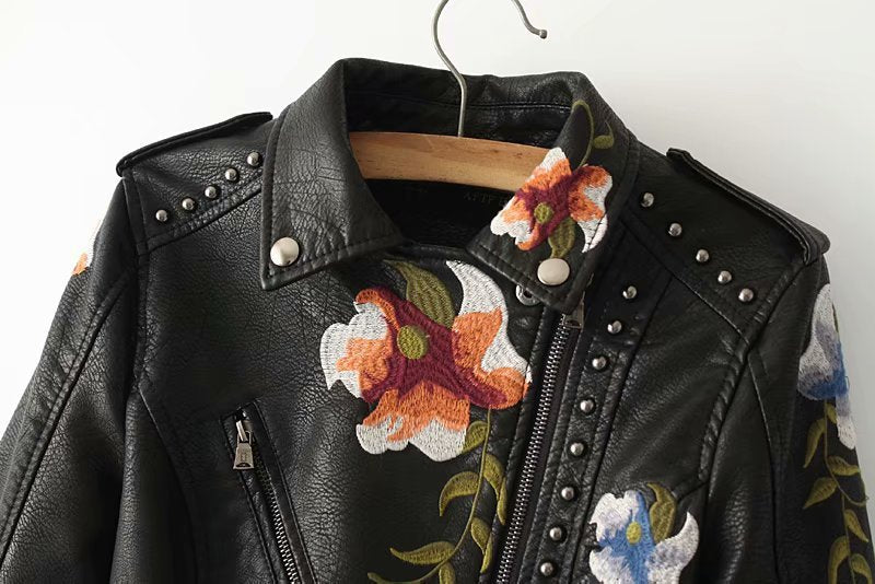 Flower-embroidered Prätkä-style faux leather jacket