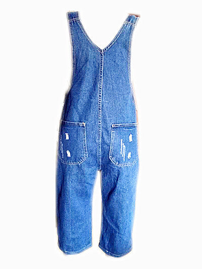 Shredded denim jumpsuit overalls