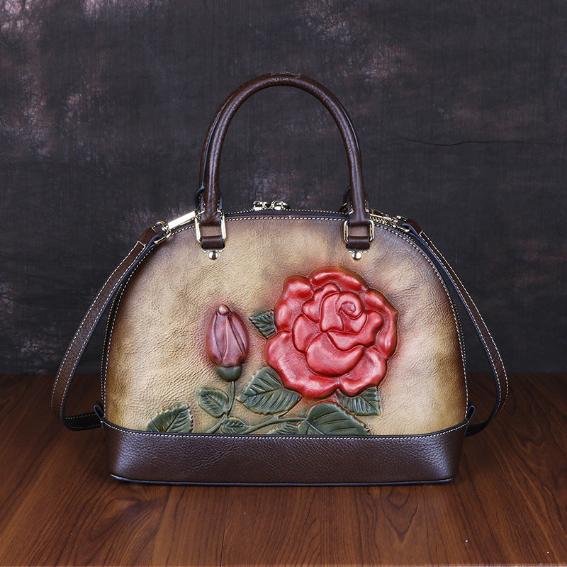 The First Layer Cowhide Bag Rose Embossed Leather Handbag Portable Shell Bag