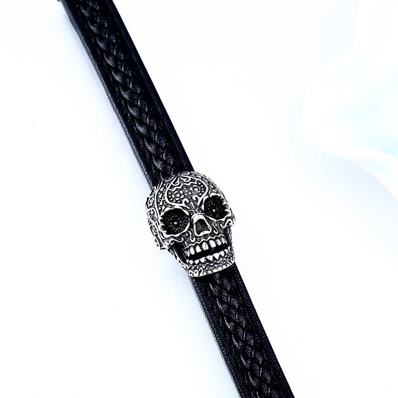 Titanium Steel Engraved Leather Skull Bracelet