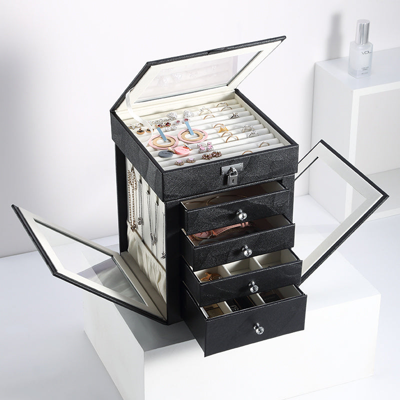 Five-layer rotating leather window jewelry box