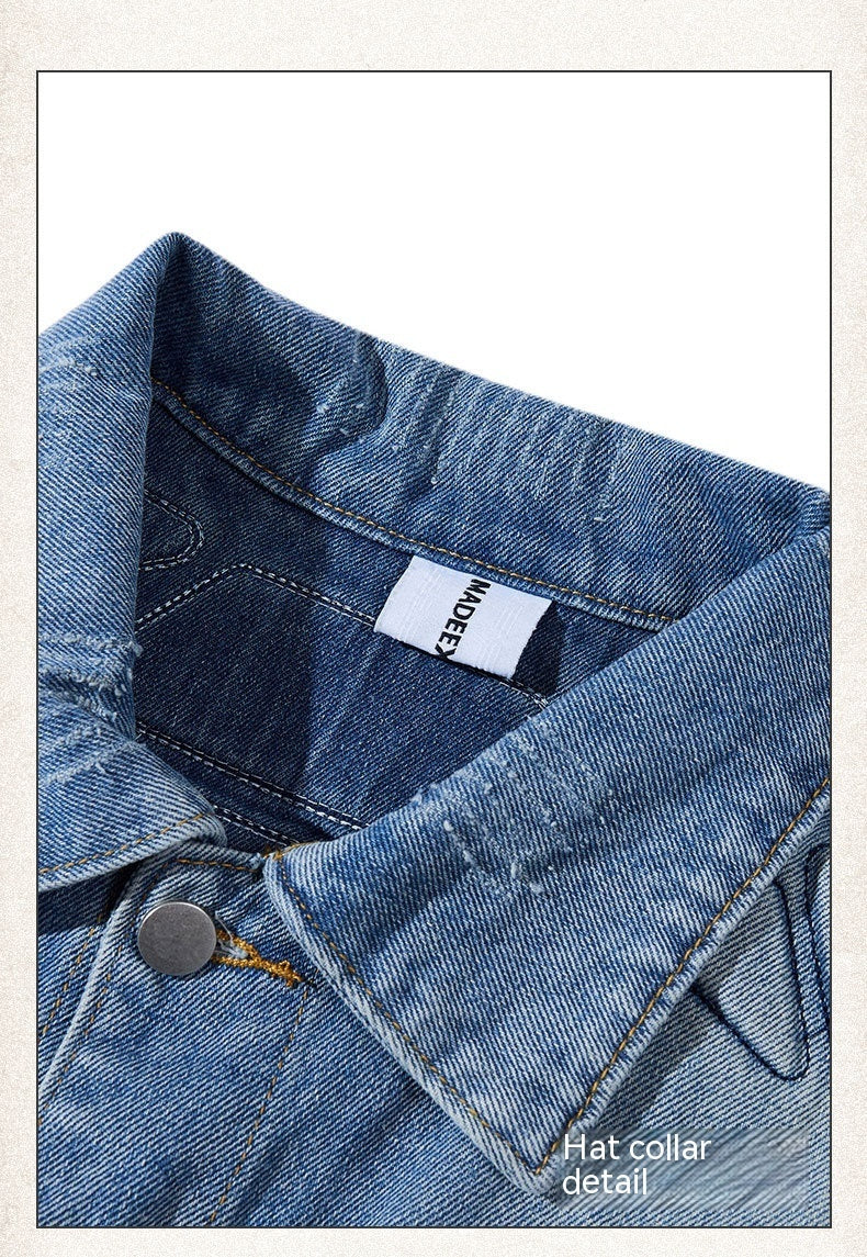 High Street Embroidery Washed And Worn Armor Stitching Denim Jacket Coat