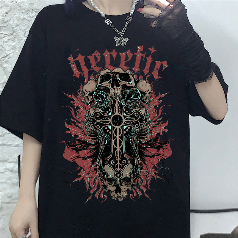 Men And Women Gothic Style Print Round Neck Loose T-shirt Short Sleeve