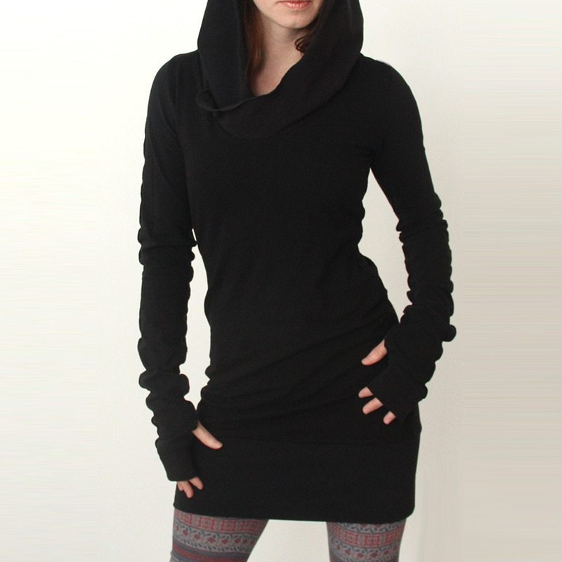 Black Novelty Hoodies Dress Women Autumn Winter Gothic Dresses Hole Long Sleeve Loose Hoodies Mini Dress