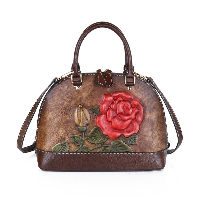 The First Layer Cowhide Bag Rose Embossed Leather Handbag Portable Shell Bag