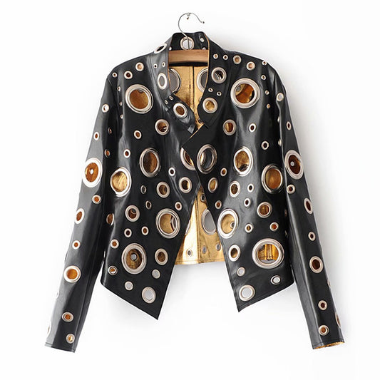 European And American Rock Style Hollow Metal Ring Leather Jacket