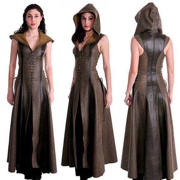 Sleeveless hooded long leather skirt