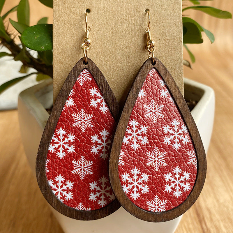 Christmas PU Leather Litchi Pattern Wooden Frame Earrings