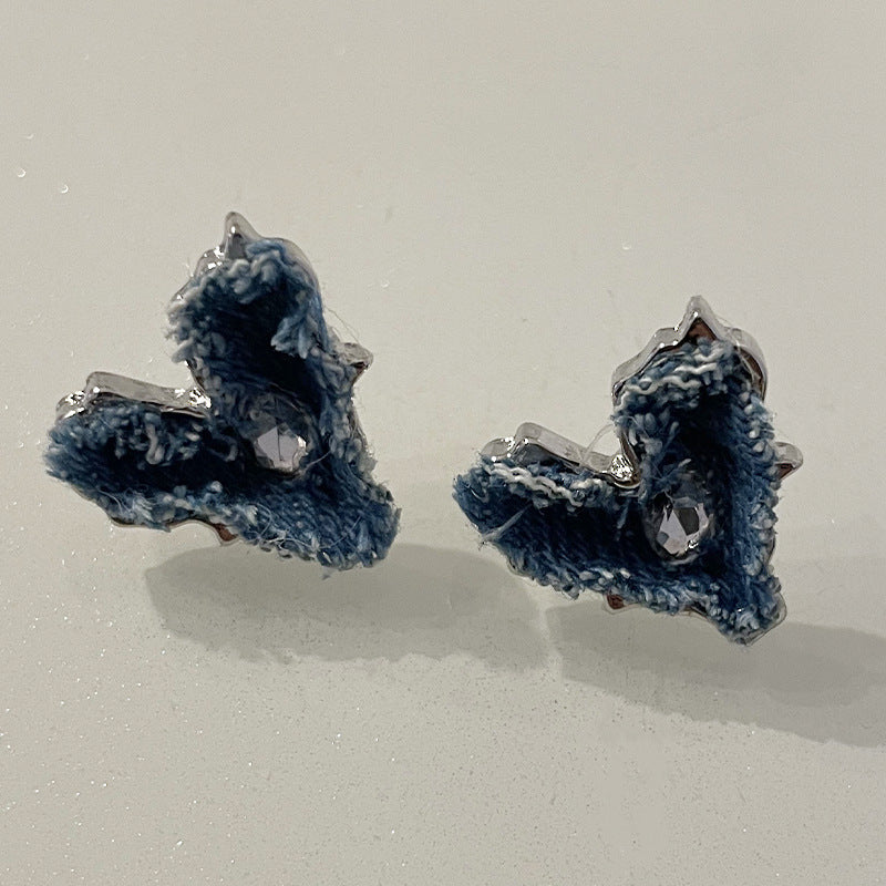 Niche Blue Denim Love Heart Earrings