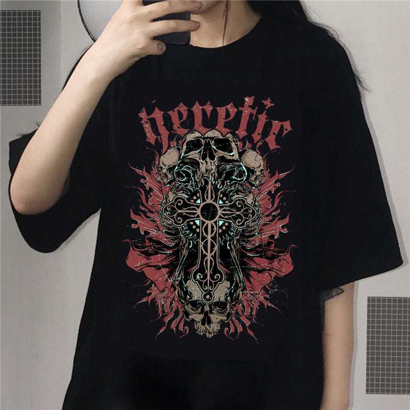 Men And Women Gothic Style Print Round Neck Loose T-shirt Short Sleeve