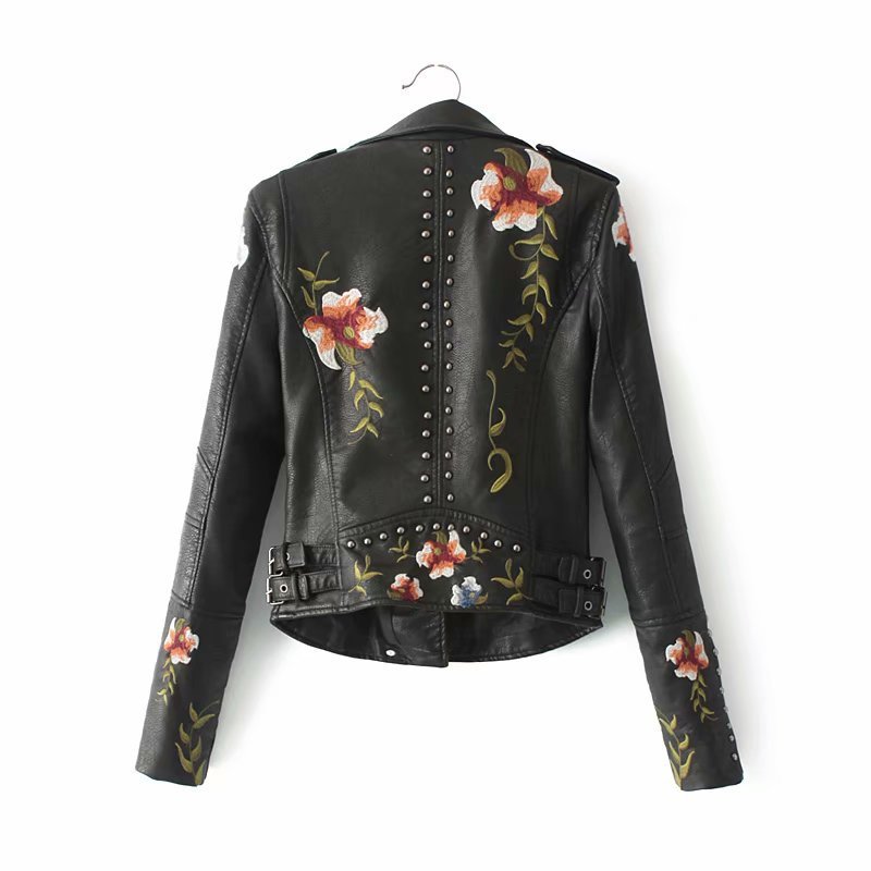 Flower-embroidered Prätkä-style faux leather jacket