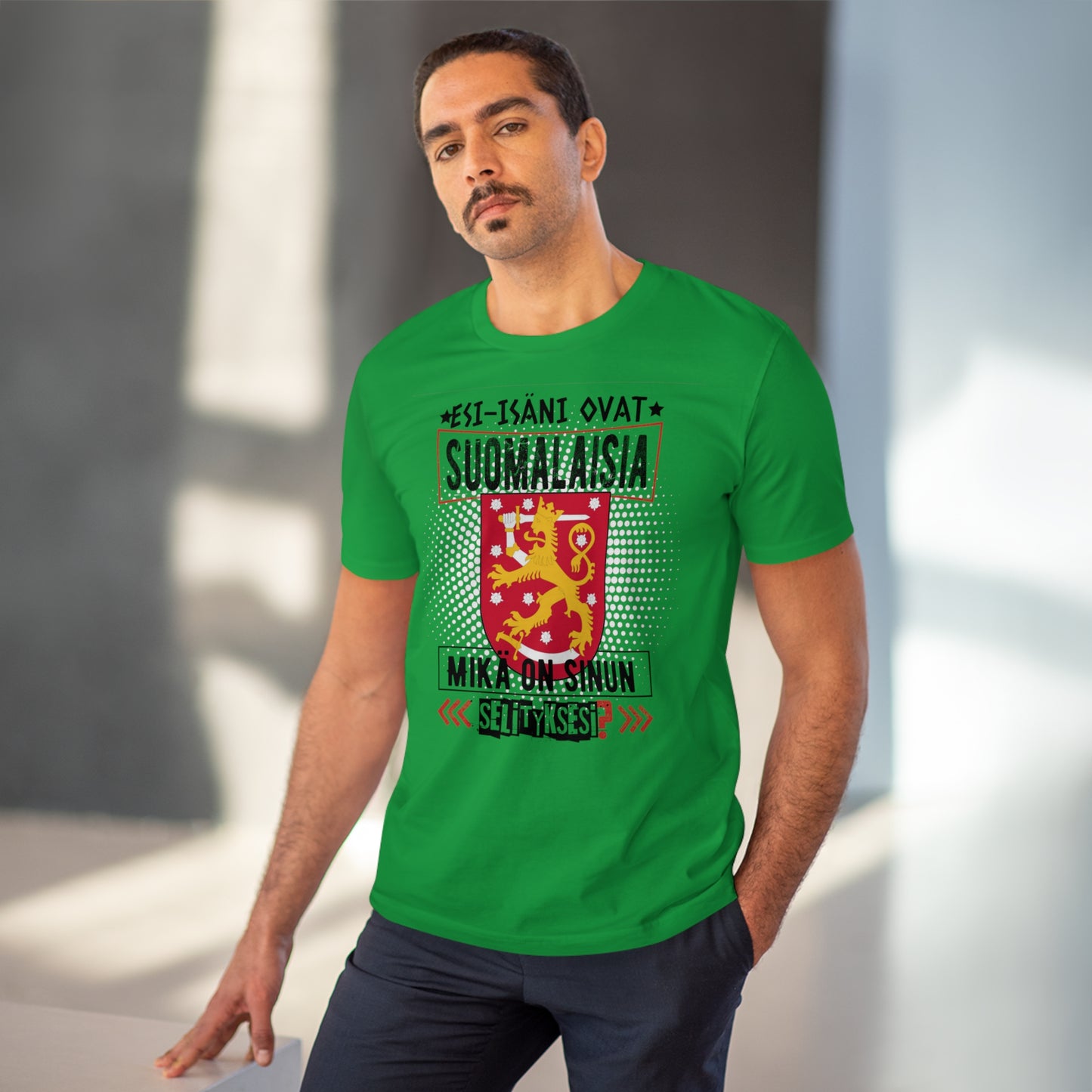 Unisex organic cotton t-shirt - my ancestors are Finnish, what's your explanation, Finnish coat of arms