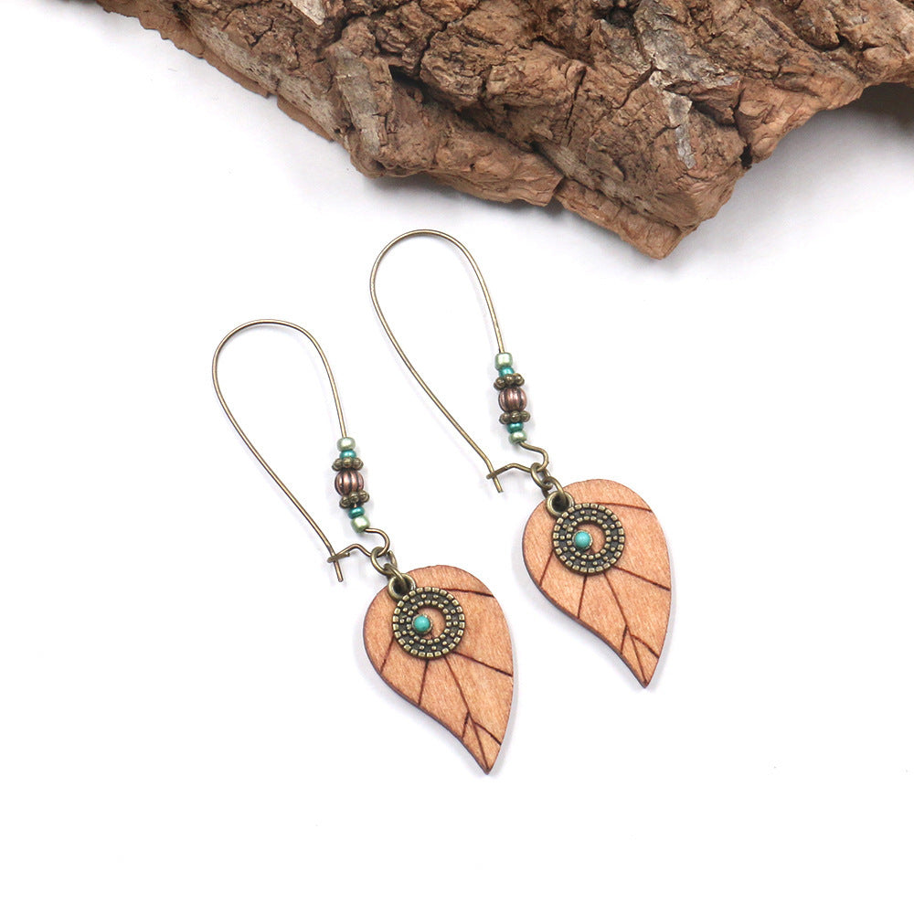 Wood leaves, leaves, ear hook earrings