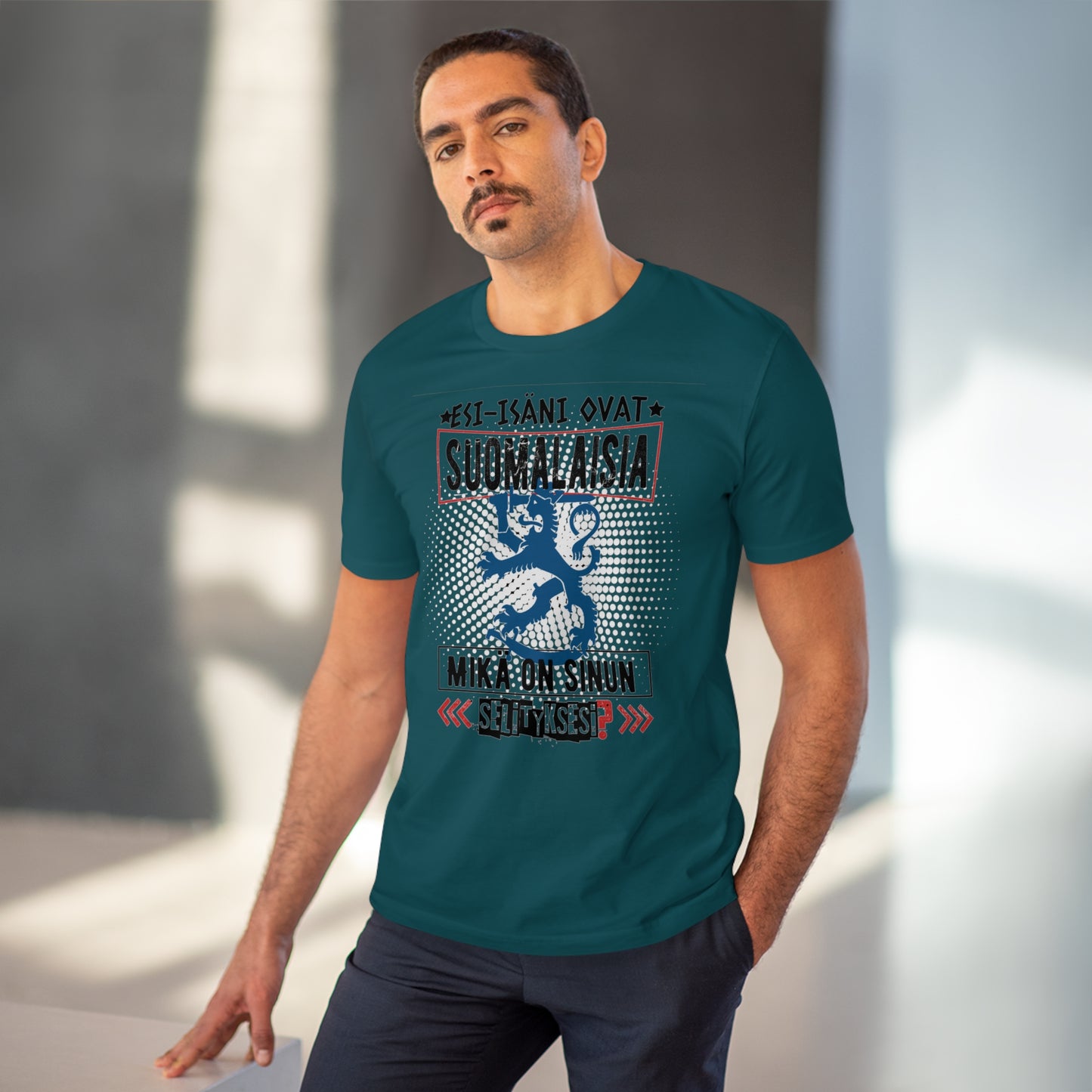 T-shirt unisex eco cotton - my ancestors are Finnish, what is your explanation, Suomileijona