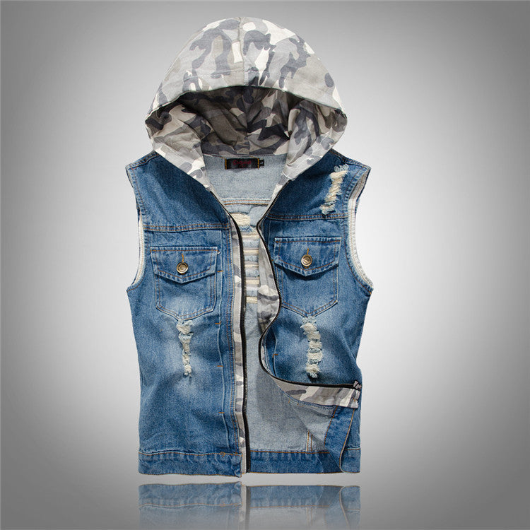 Men's ripped denim vest hooded denim vest