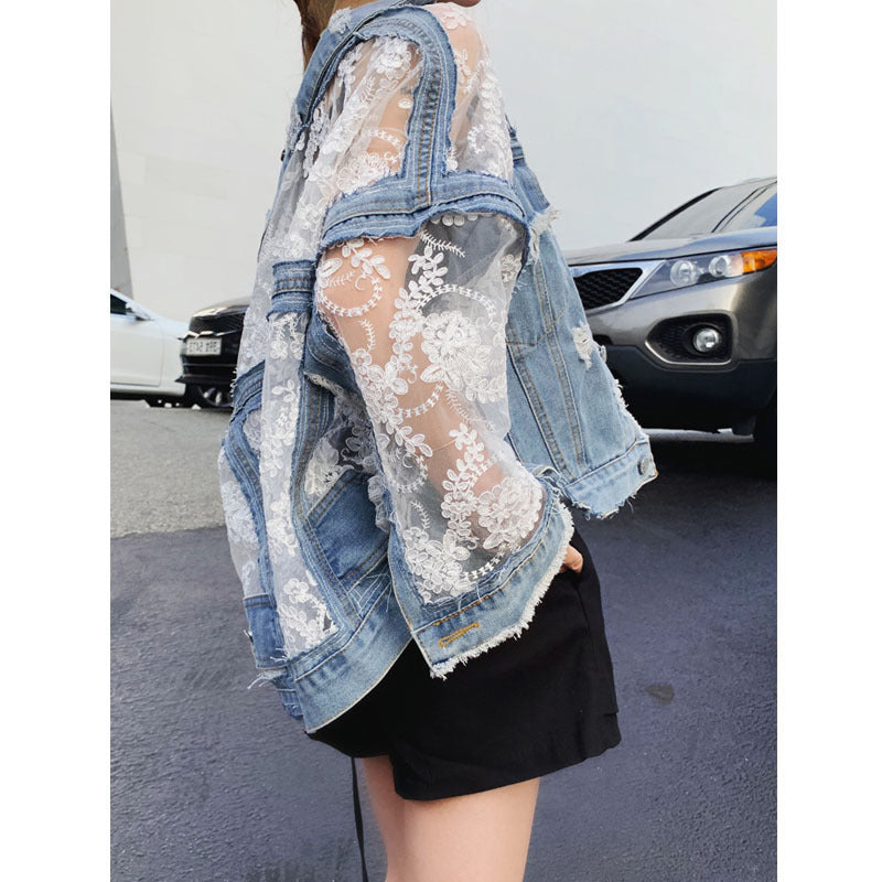 Mesh embroidery ripped denim jacket