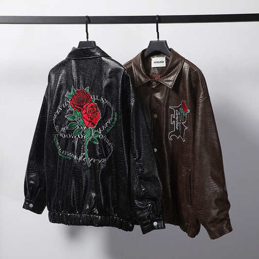 Rose Embroidered PU Leather Statement Jacket